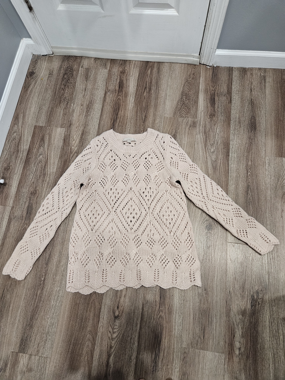 LOFT Cream Openwork Lace-Knit Crewneck Sweater